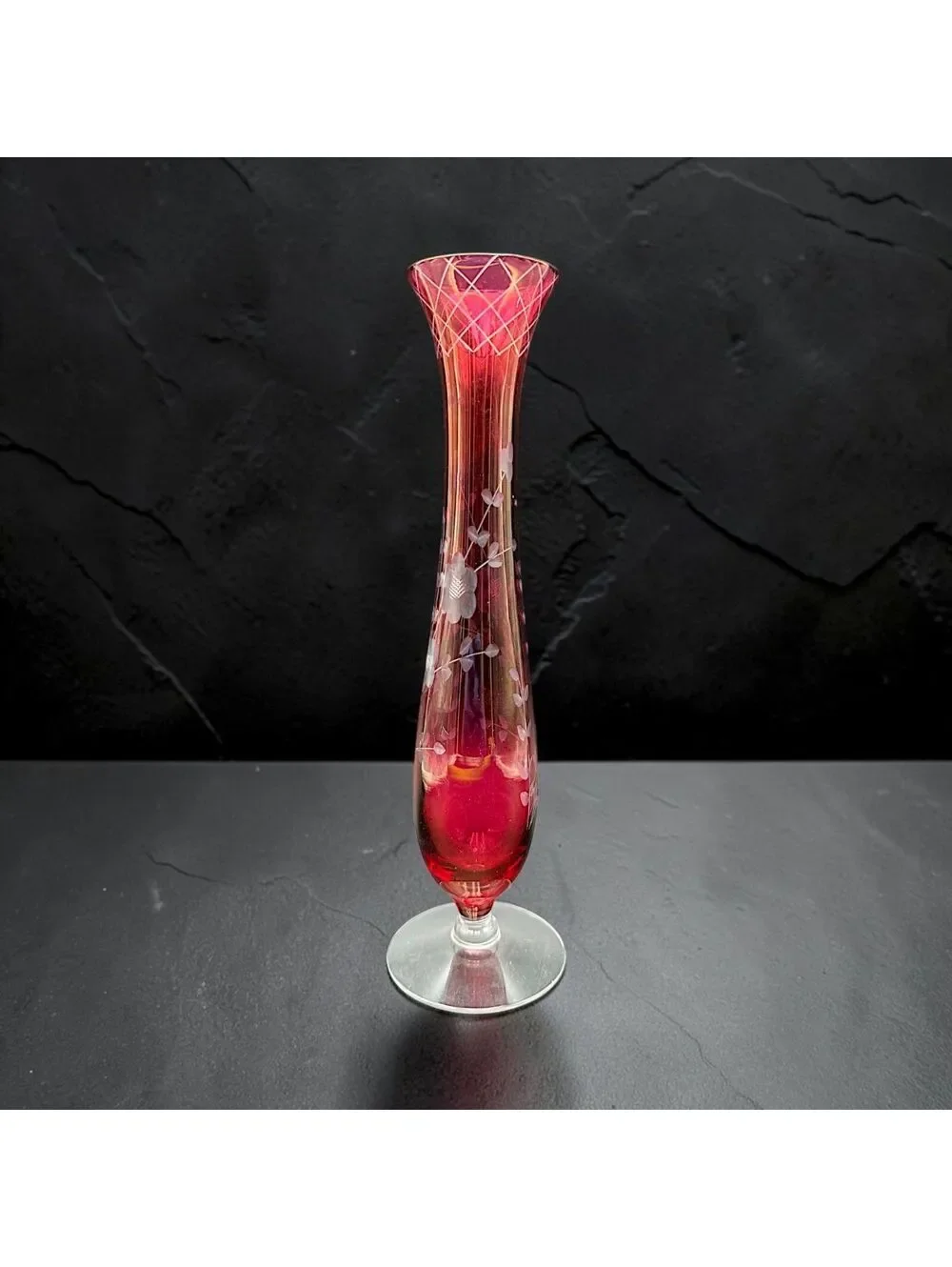 Vintage Ruby Red Etched Floral Bud Vase 10